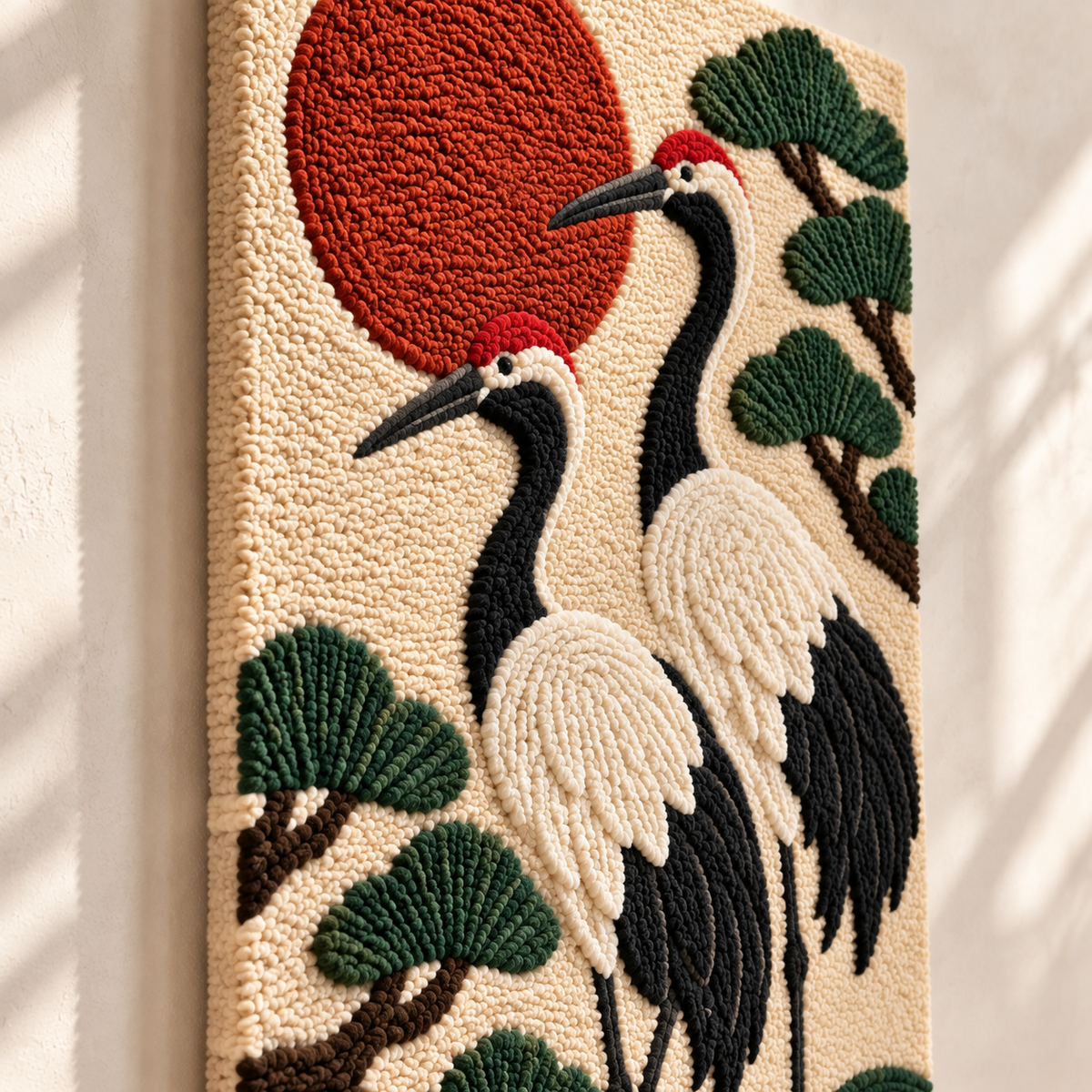 Hewn Earth wall art featuring cranes flying under a vibrant vermilion sun with warm, rich colors and detailed brushstroke style.