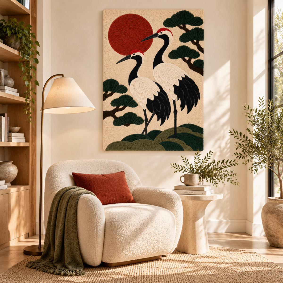 Hewn Earth wall art featuring cranes flying under a vivid vermilion sun, displayed in a modern room setting.