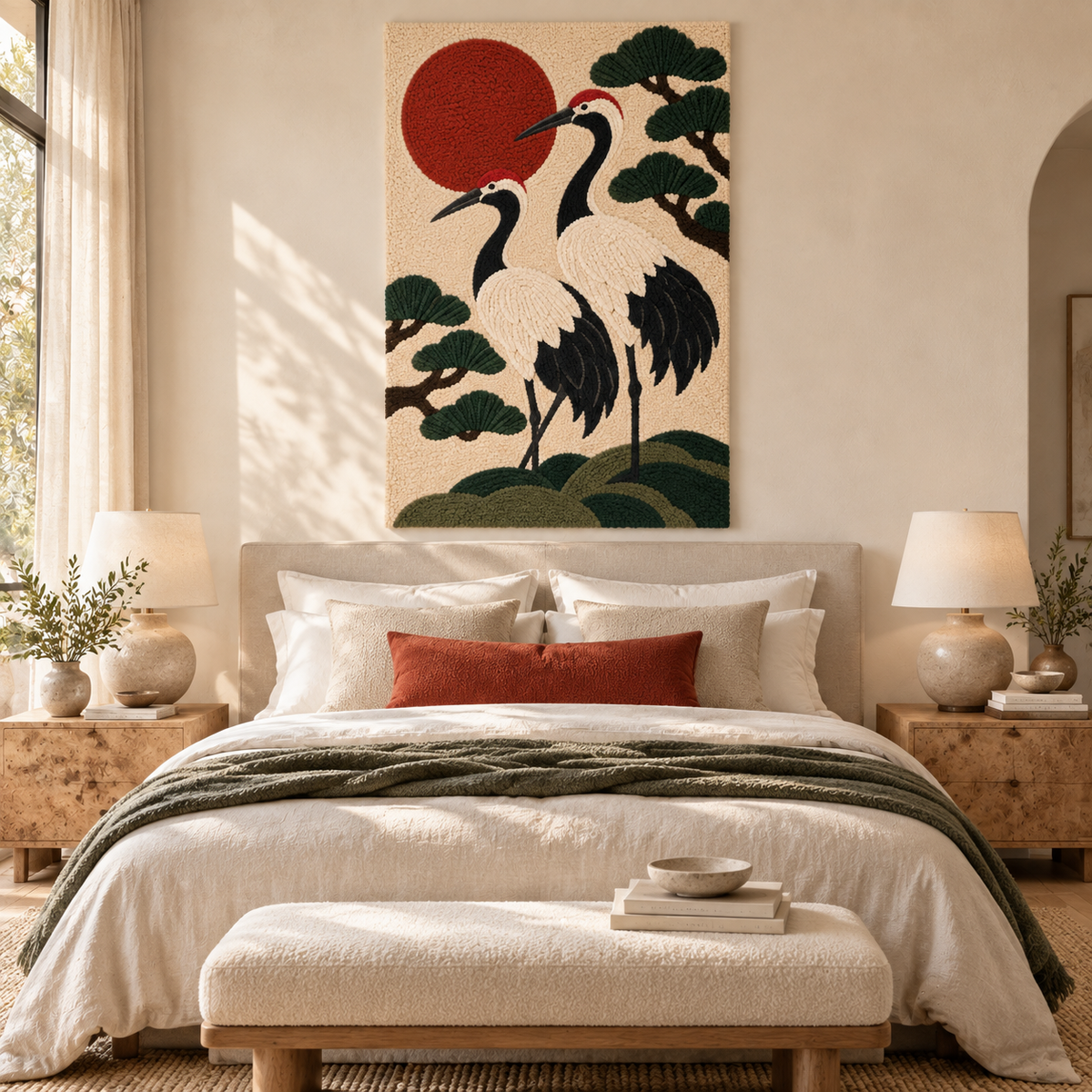 Hewn Earth wall art featuring cranes flying under a vibrant vermilion sun, ideal for enhancing interior decor.