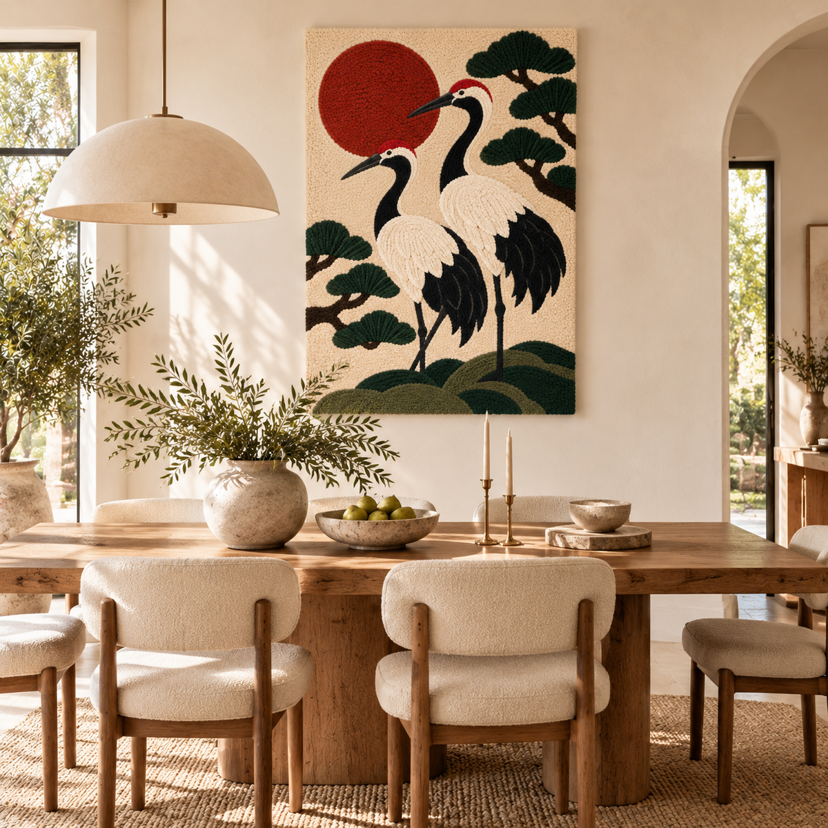 Hewn Earth wall art depicting cranes flying under a vivid vermilion sun on a room wall.