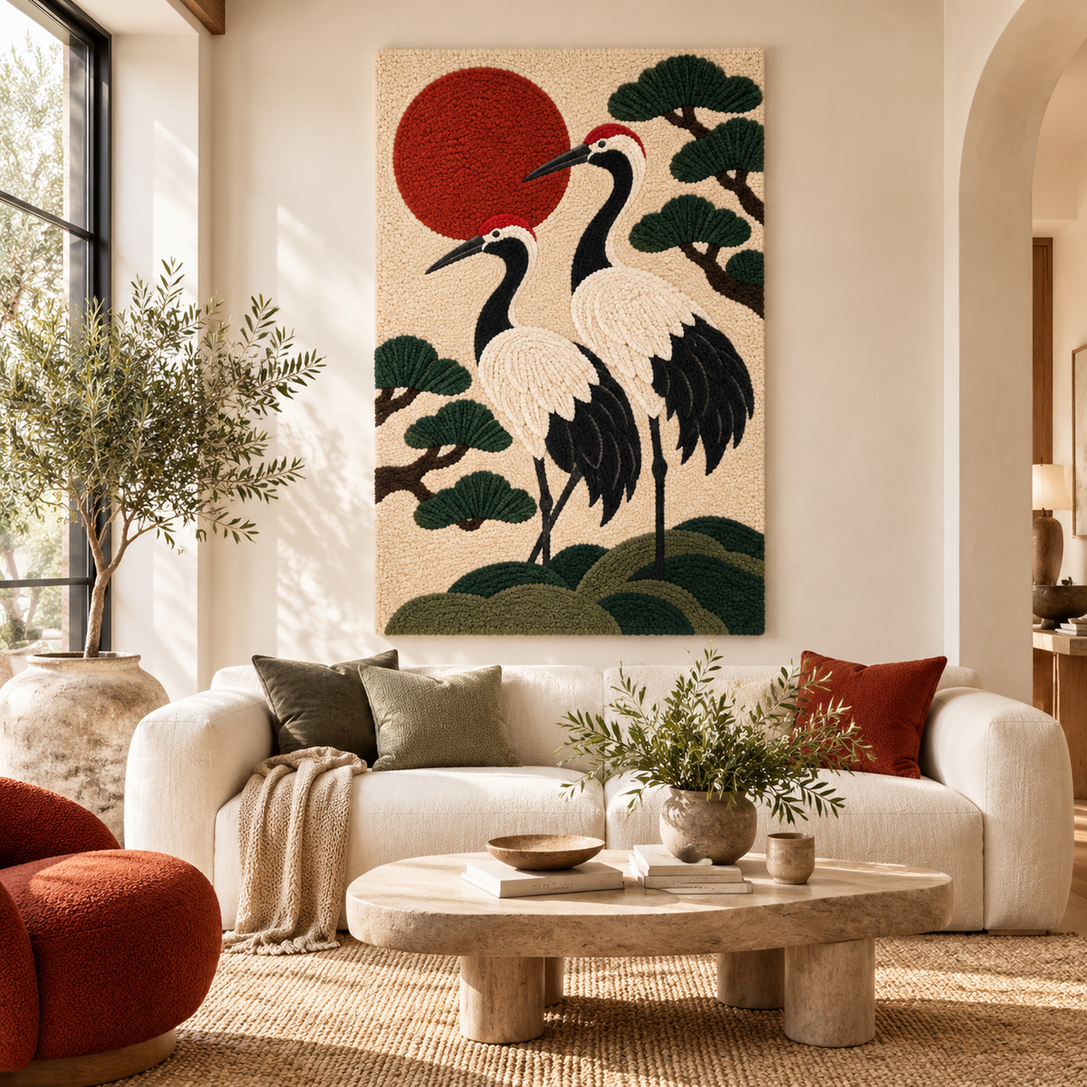 Hewn Earth wall art featuring cranes flying under a vivid vermilion sun, displayed in a modern room setting.