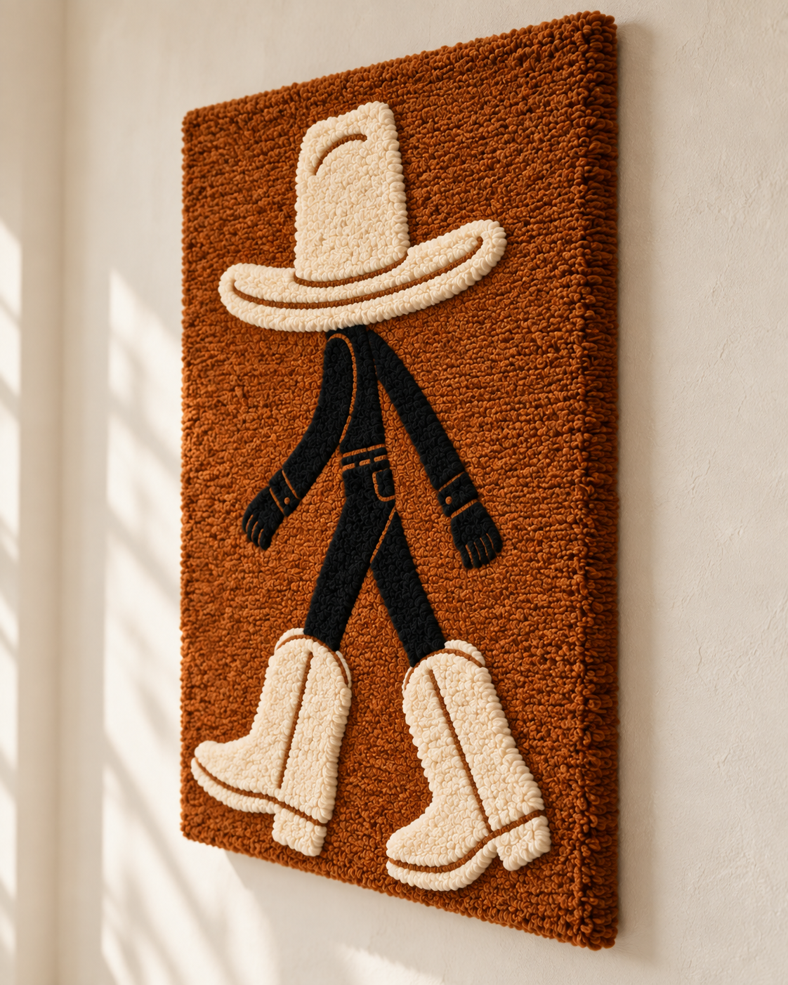 Cream Boots on the Move wall art by Hewn Earth featuring a stylish illustration of cream-colored boots in a dynamic pose.