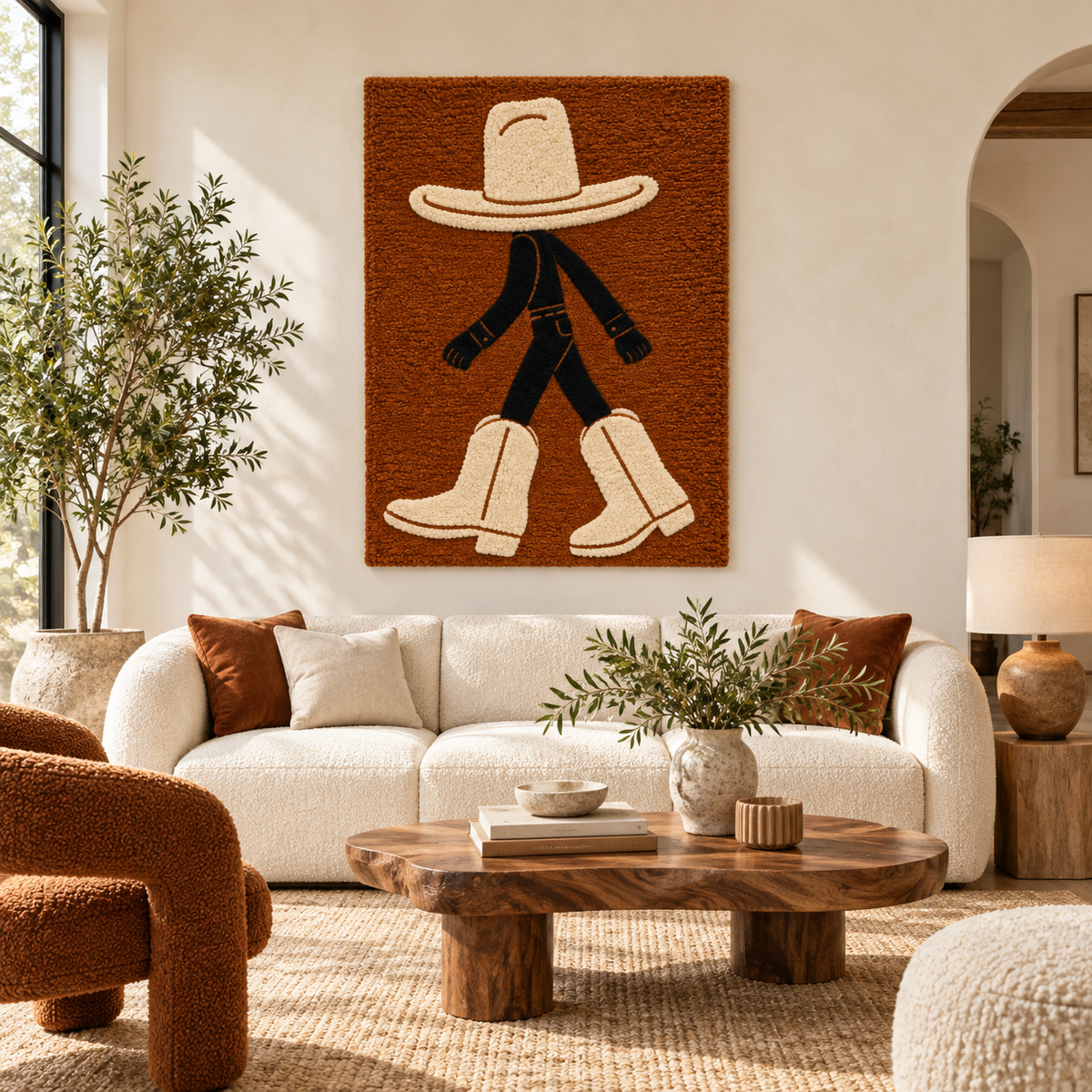 Hewn Earth cream wall art titled "Boots on the Move" featuring a stylish illustration of cream-colored boots in a room setting.
