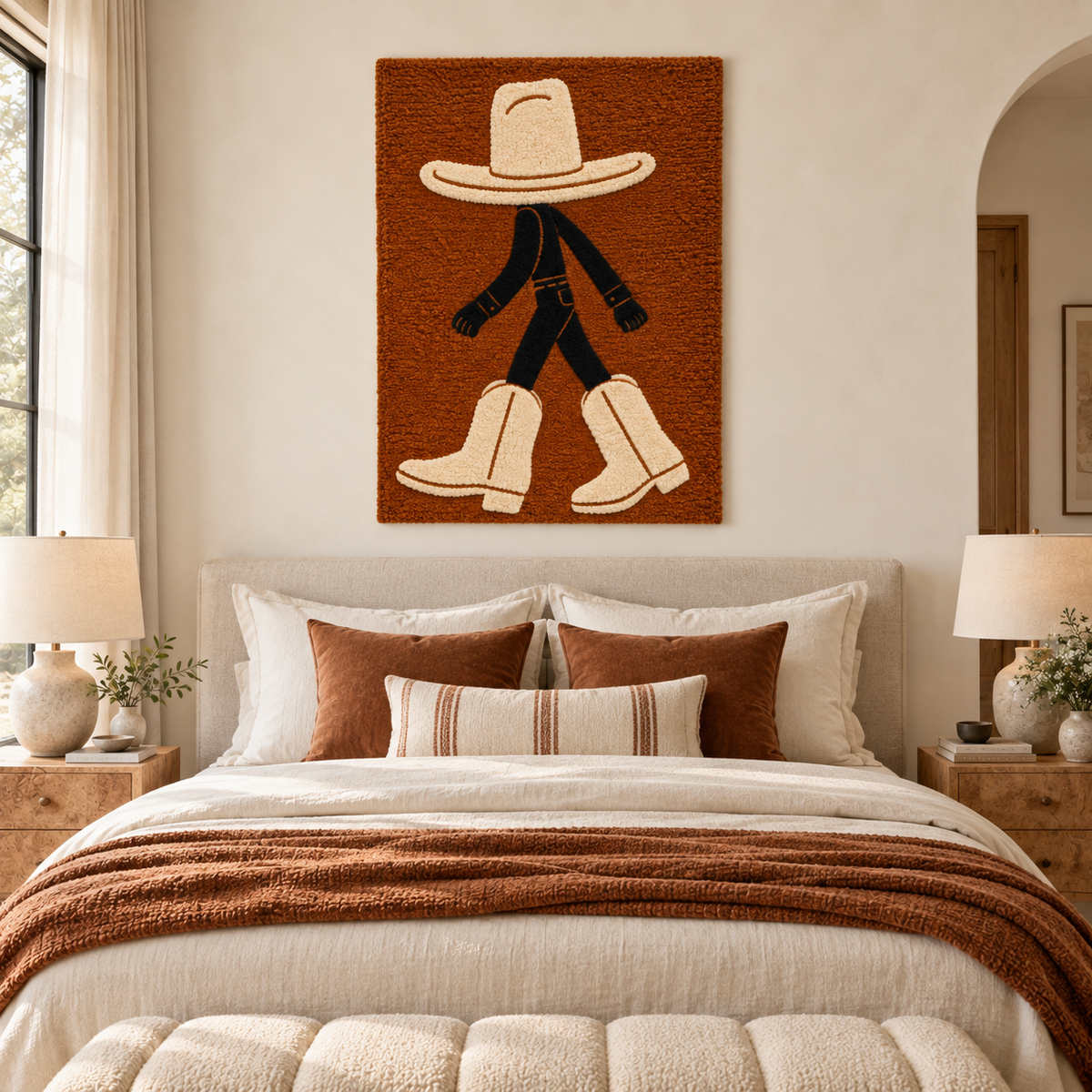 Hewn Earth Cream Boots on the Move wall art featuring a detailed illustration of cream-colored boots displayed in a room setting