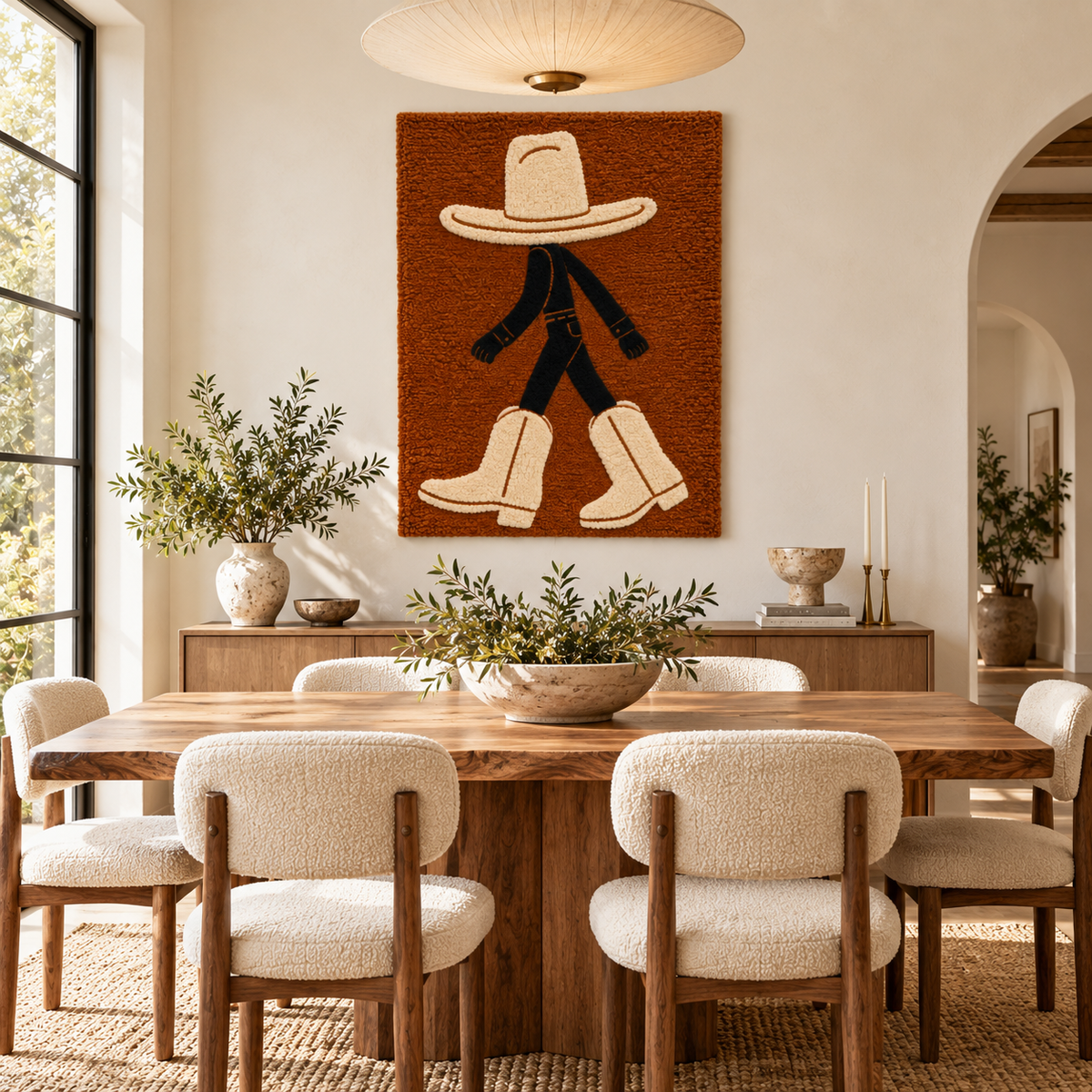 Hewn Earth Cream Boots on the Move wall art featuring a stylish illustration of cream-colored boots on display in a room setting.