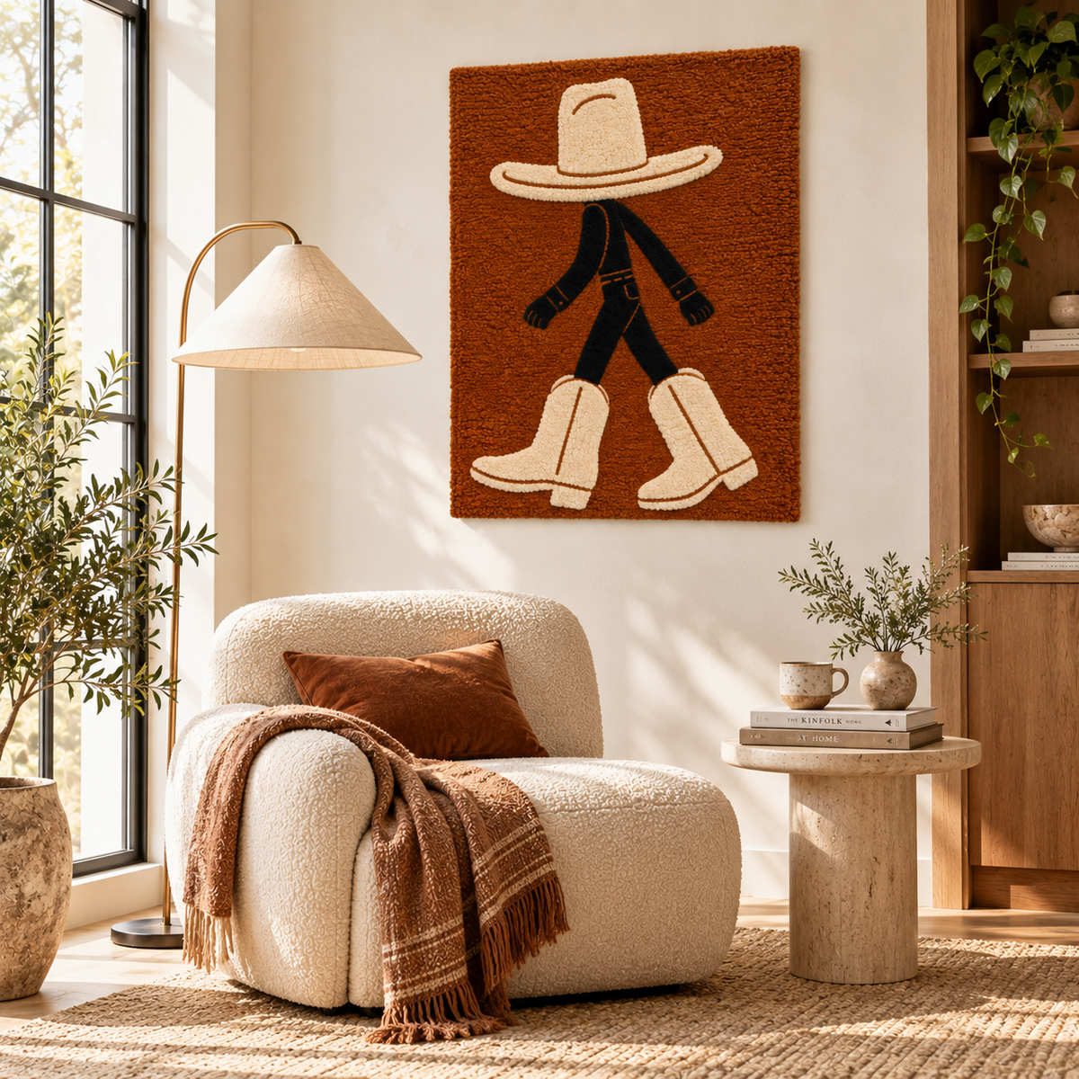 Hewn Earth wall art featuring cream boots on the move, showcasing a stylish and modern room decor piece.