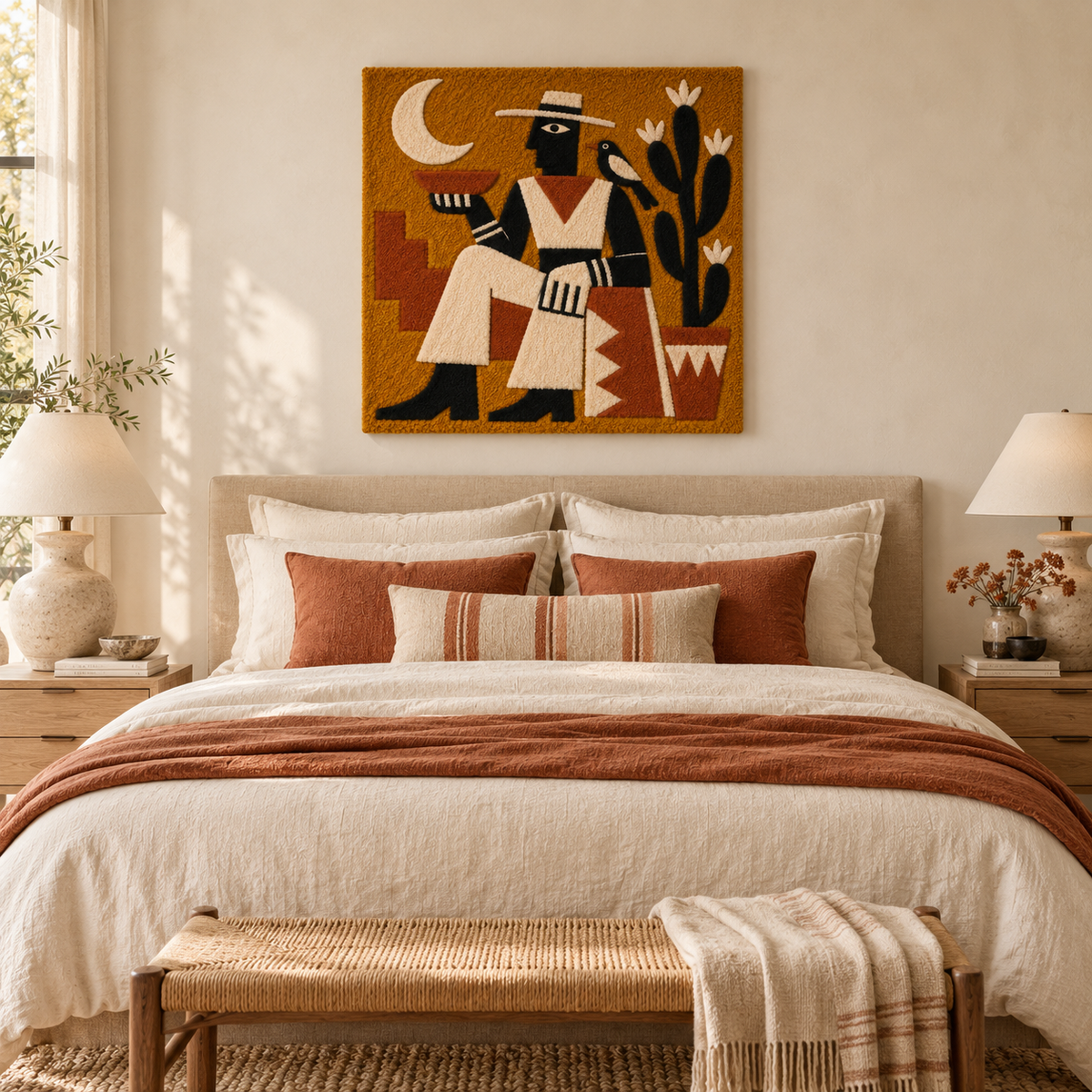 Hewn Earth Crescent Cactus Companion wall art featuring a crescent-shaped cactus illustration on a neutral background.