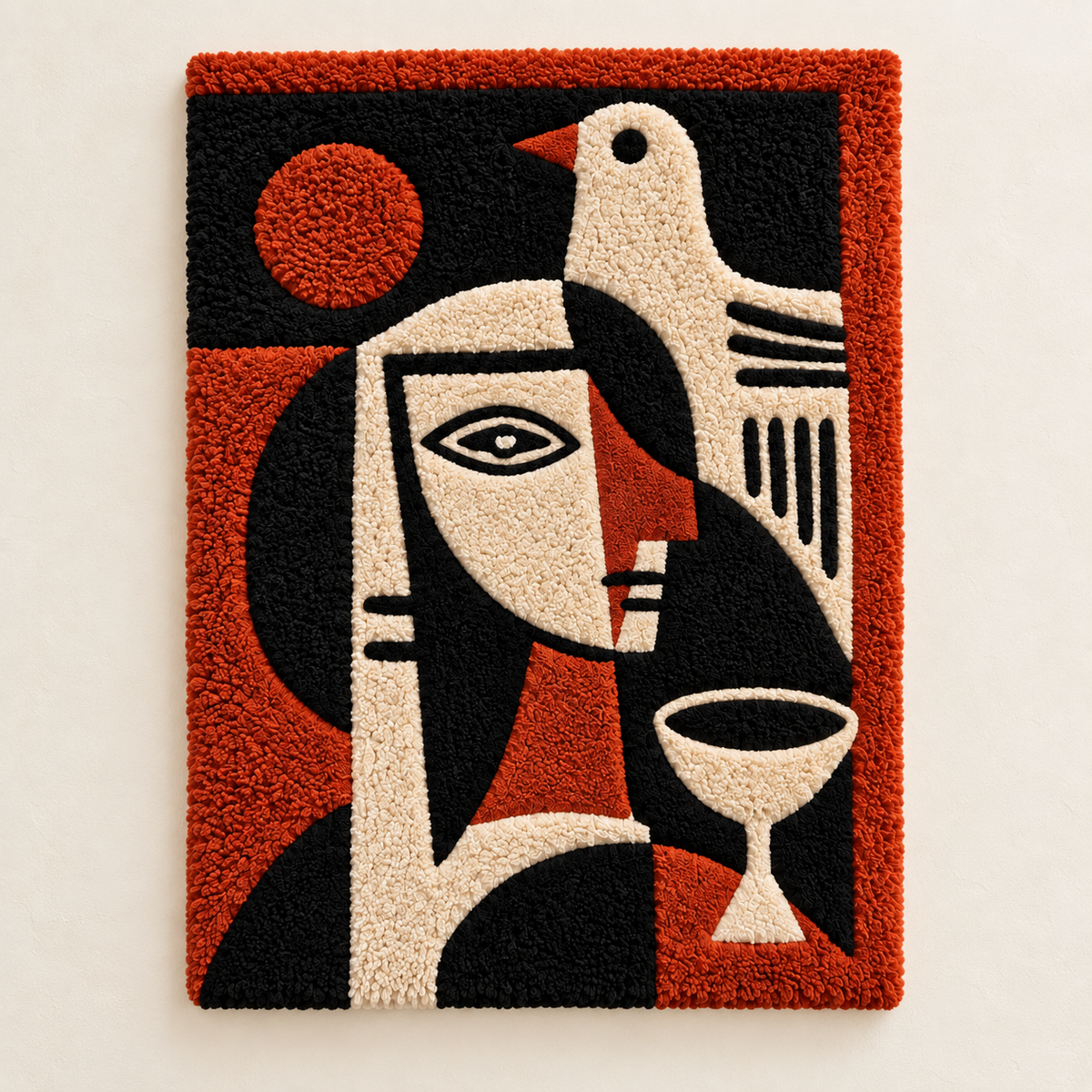 Hewn Earth wall art featuring a crimson bird and goblet portrait with detailed, vibrant artwork on a decorative canvas.