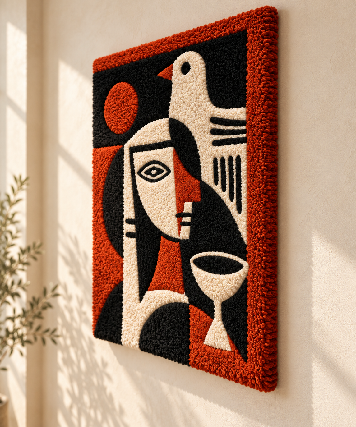 Hewn Earth wall art featuring a crimson bird and goblet in a detailed portrait style on a neutral background.