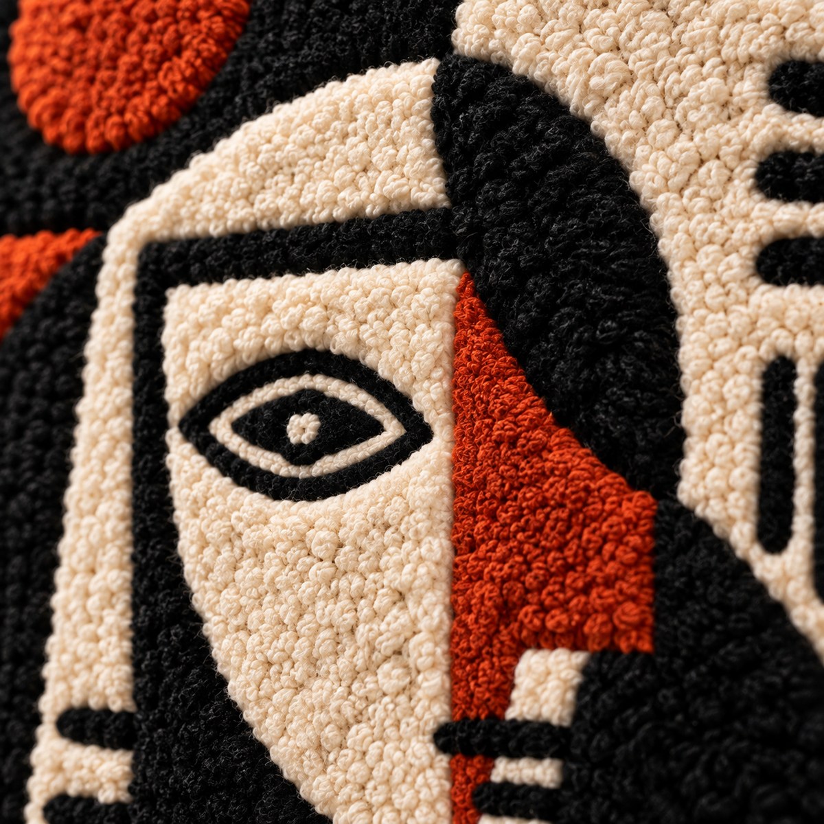 Close-up of Hewn Earth wall art featuring a crimson bird and goblet portrait with intricate details and vibrant colors.