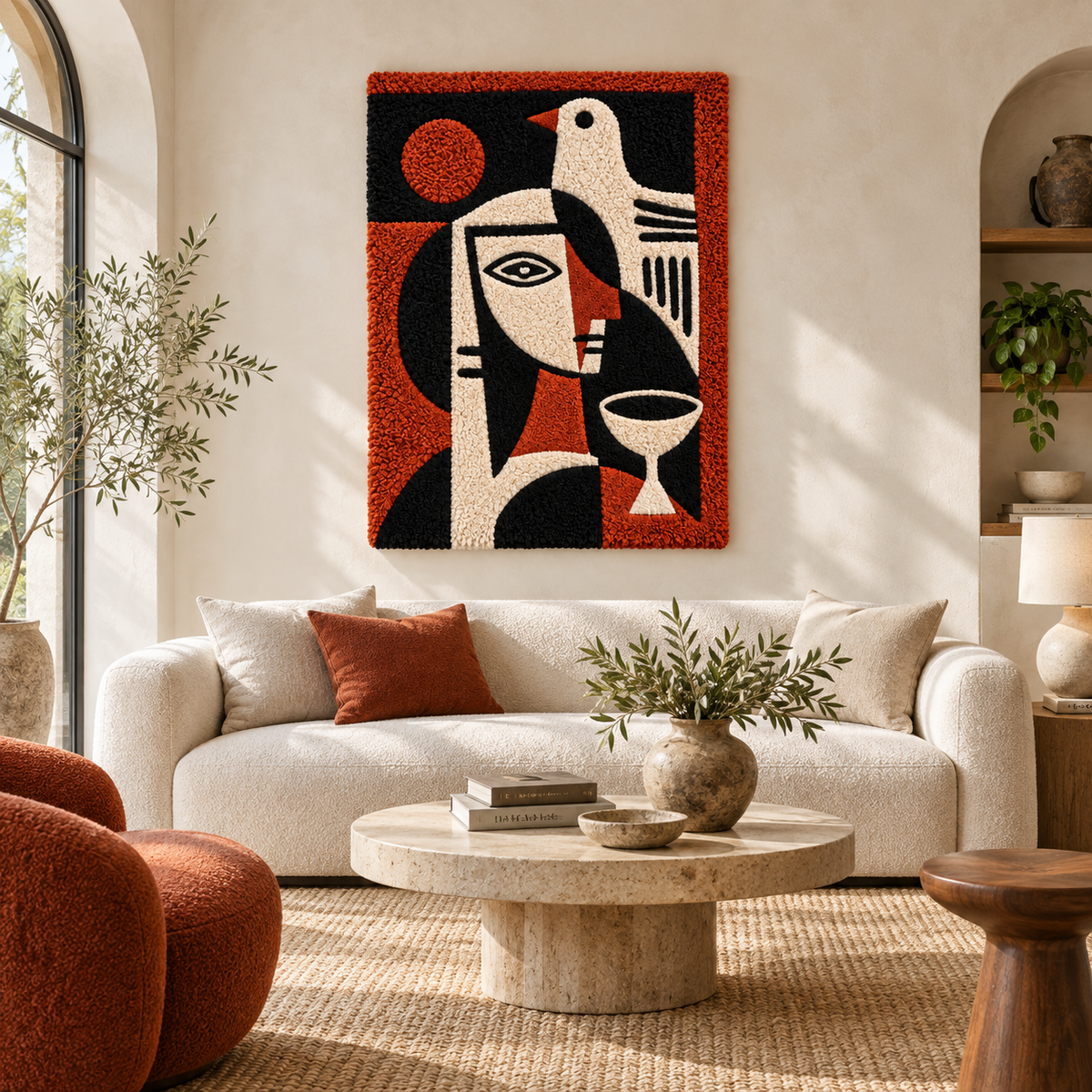 Hewn Earth wall art featuring a crimson bird and goblet portrait, decorative framed artwork for interior decor.