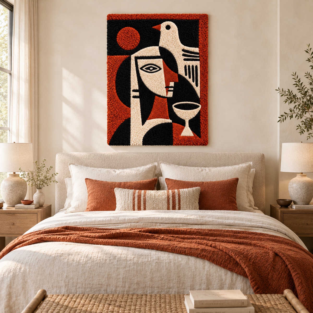 Crimson bird and goblet portrait wall art by Hewn Earth, featuring detailed artwork of a bird and goblet in warm crimson tones.