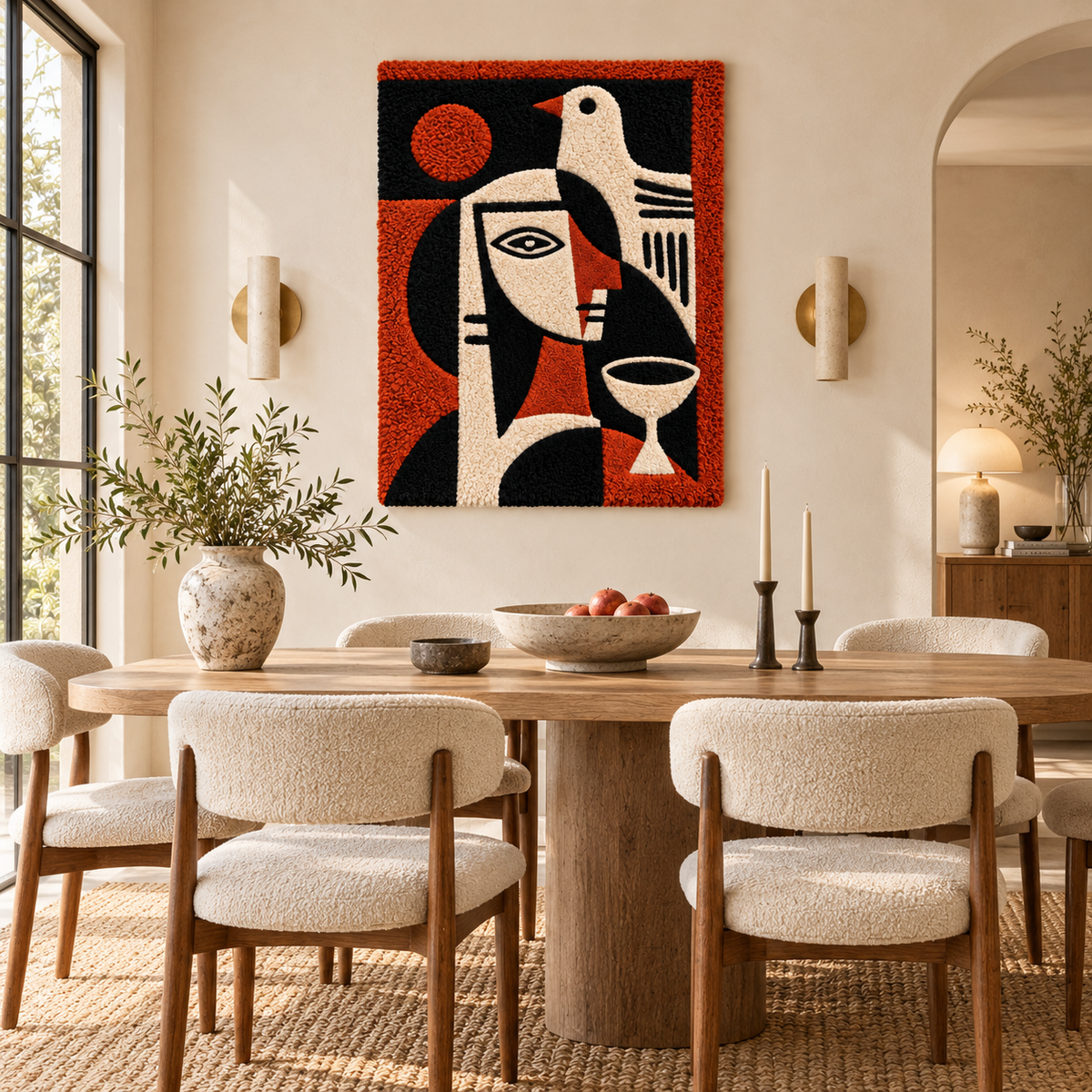 Hewn Earth wall art featuring a crimson bird and goblet portrait with detailed, vibrant design on a framed canvas.