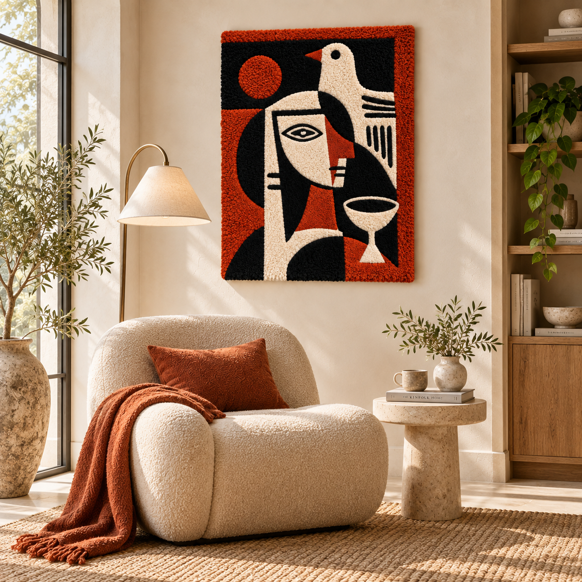 Hewn Earth wall art featuring a crimson bird and goblet portrait, displayed on a room wall with warm lighting.