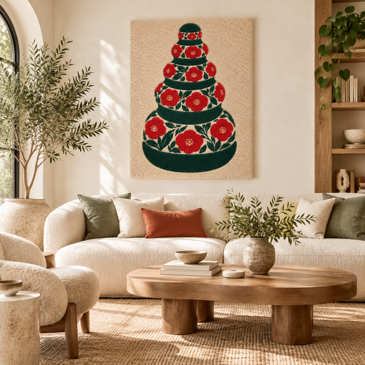 Hewn Earth Crimson Blossom Bowl Tower wall art featuring vibrant red ceramic bowls arranged in a decorative tower.