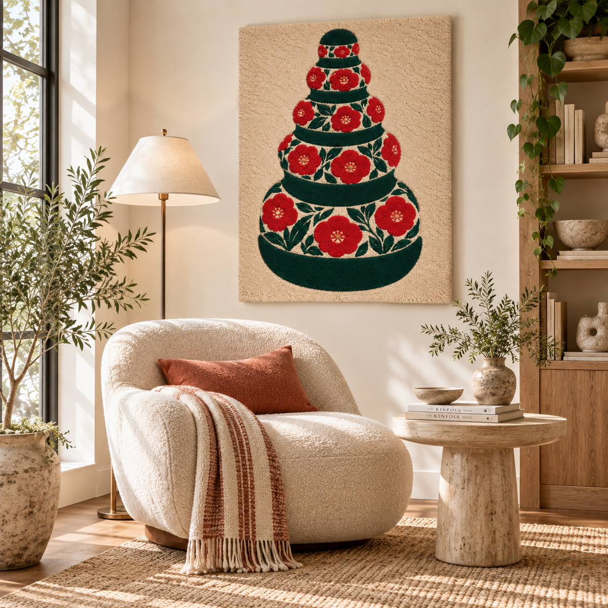 Hewn Earth Crimson Blossom Bowl Tower wall art displayed on a room wall featuring vibrant red blossoms and intricate design details.