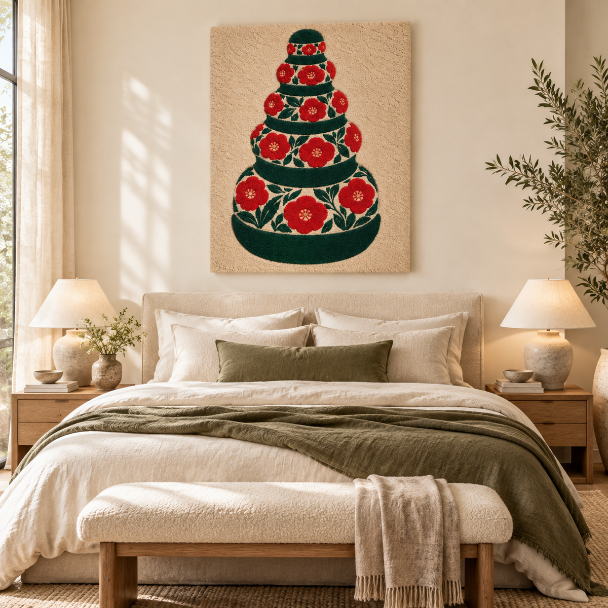 Hewn Earth Crimson Blossom Bowl Tower wall art displayed on a room wall, featuring vibrant crimson and intricate ceramic bowl designs.