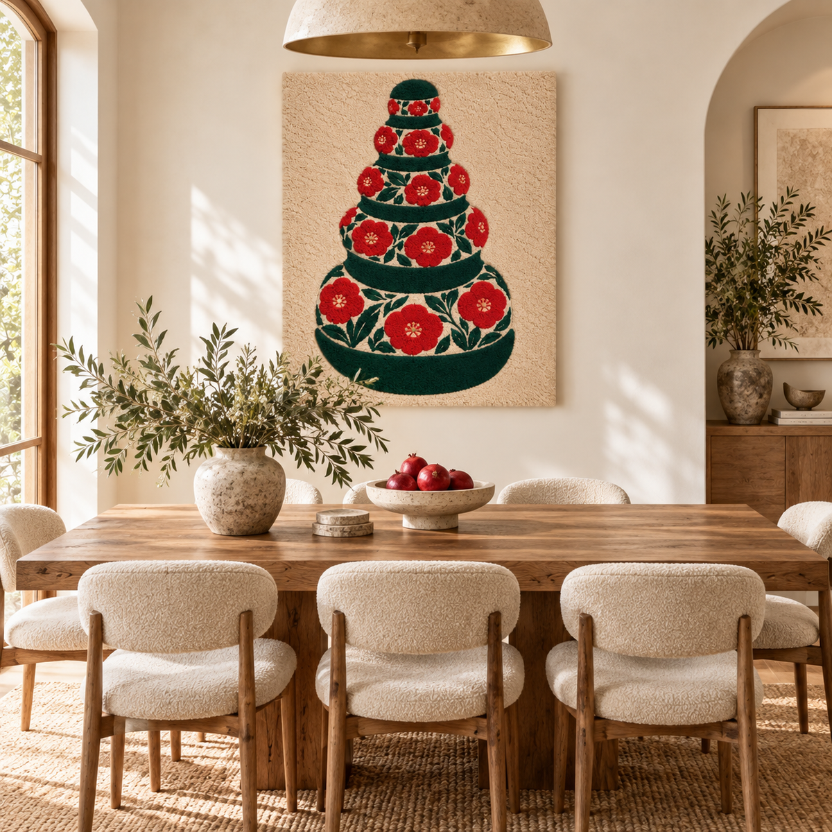 Hewn Earth Crimson Blossom Bowl Tower wall art displayed on a wall, featuring vibrant crimson bowl shapes arranged in a decorative tower.