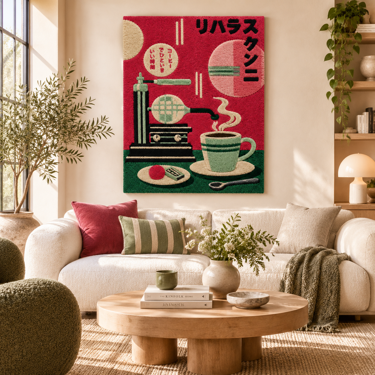 Hewn Earth Crimson Cafe Coffee Press wall art featuring a vibrant coffee press illustration in a modern room setting.