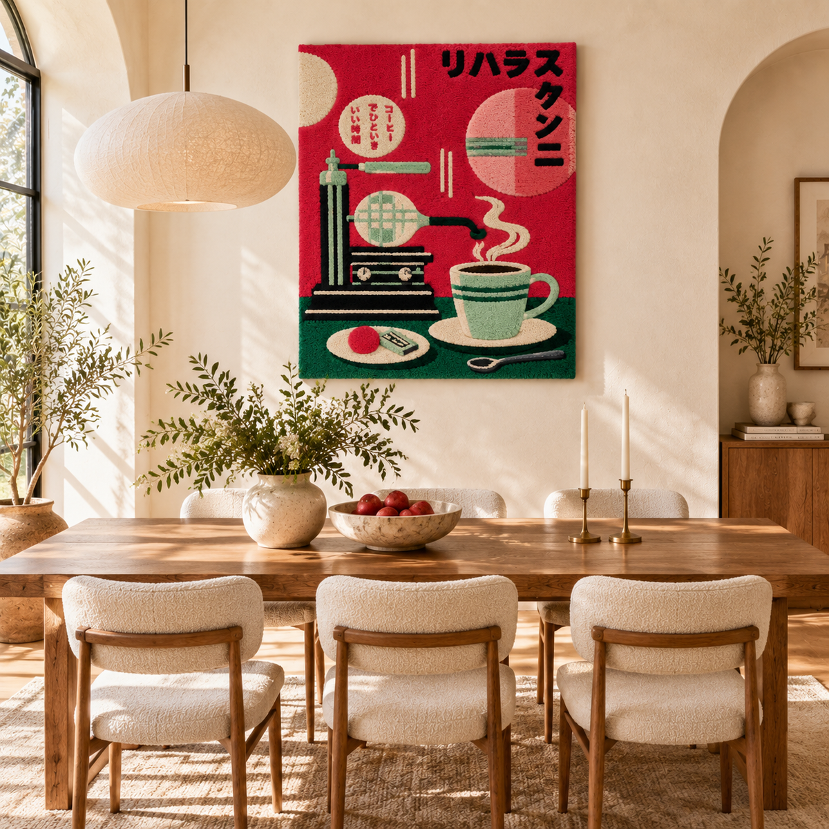 Hewn Earth Crimson Cafe Coffee Press wall art featuring a vibrant red coffee press in a cozy room scene.
