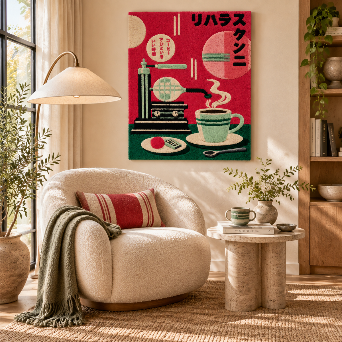 Hewn Earth Crimson Cafe Coffee Press wall art featuring a vibrant coffee press in a cozy room scene.