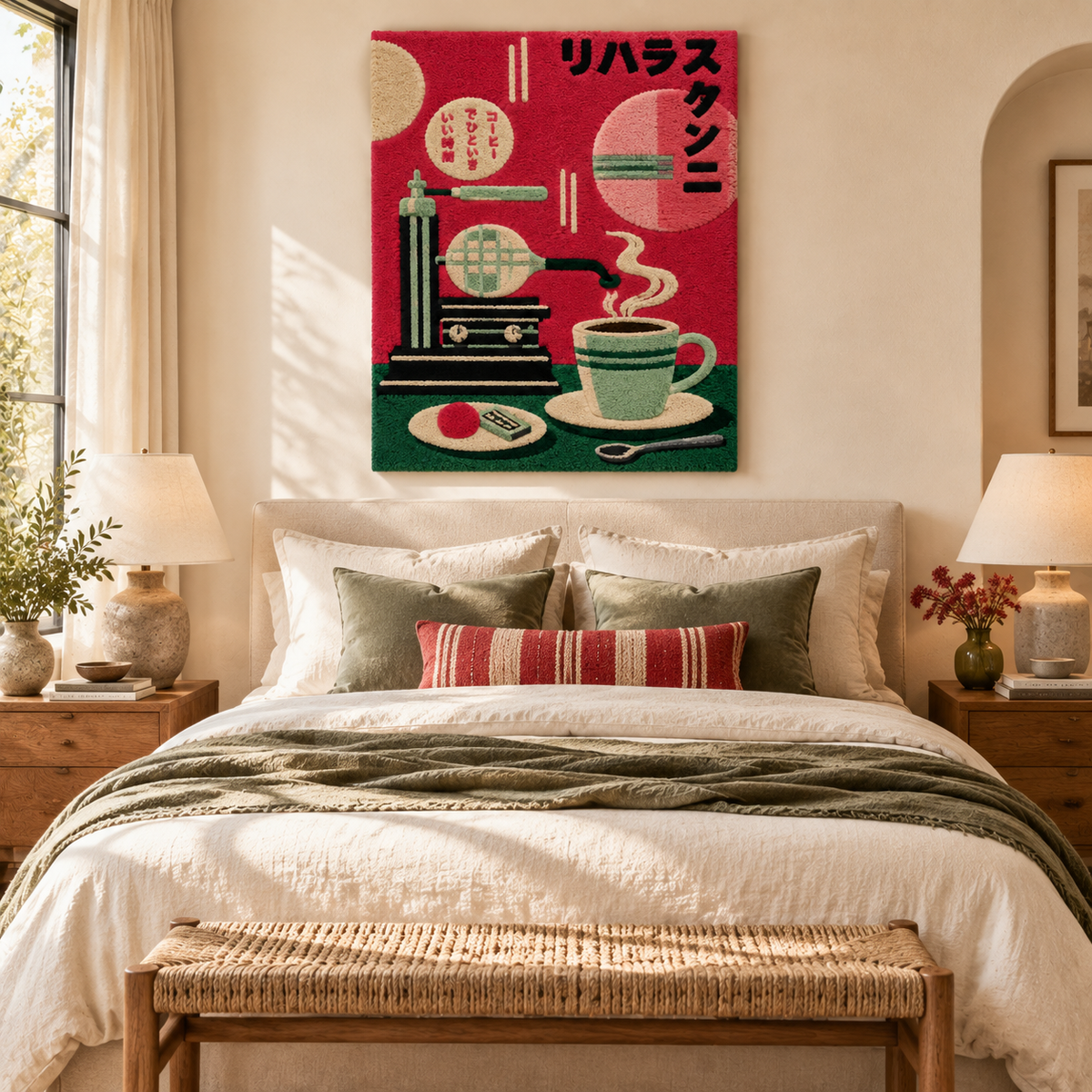 Hewn Earth Crimson Cafe Coffee Press wall art hanging on a cozy kitchen wall with warm lighting and decorative accents.