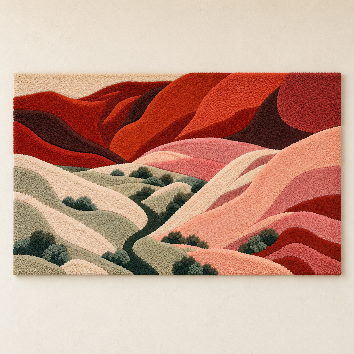Hewn Earth Crimson Canyon River wall art features vibrant canyon landscape in warm red and orange tones on canvas.