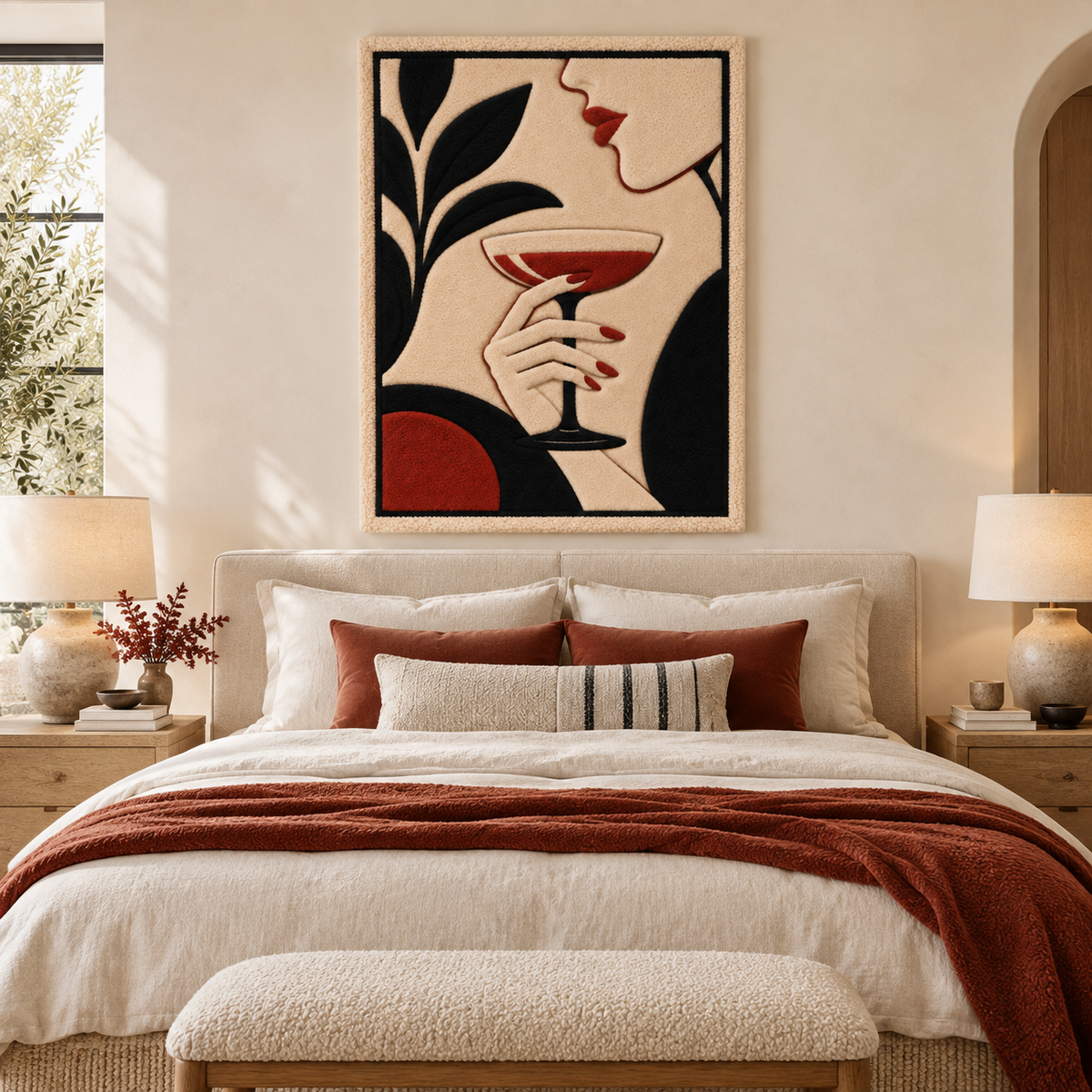Crimson Coupe Silhouette wall art by Hewn Earth, featuring a bold crimson coupe car silhouette in a modern room decor scene.