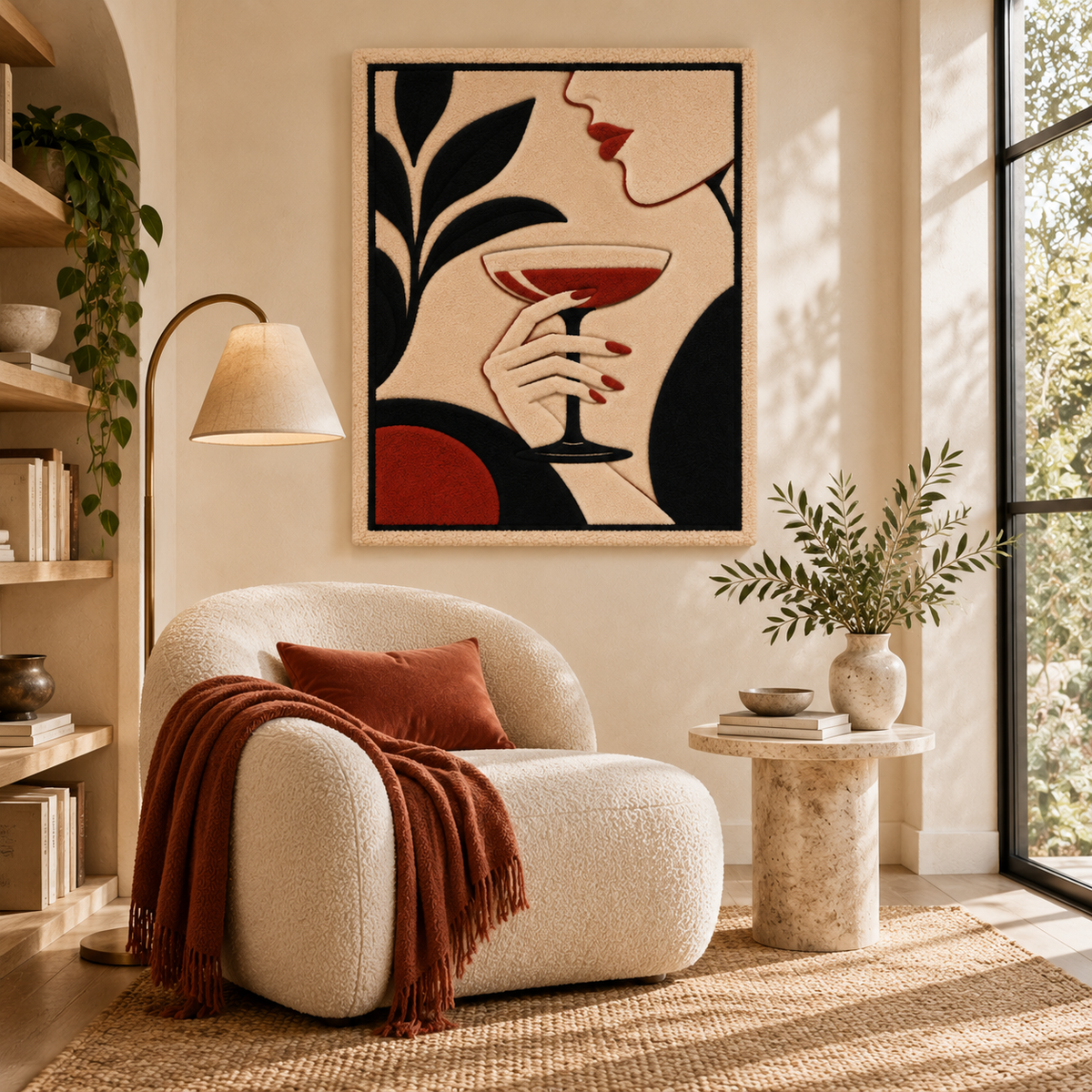 Crimson Coupe Silhouette wall art by Hewn Earth hanging above a modern living room scene.