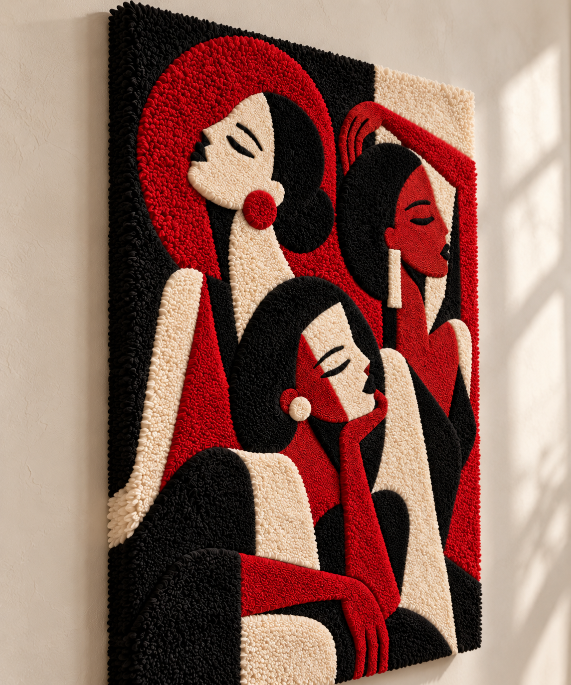Hewn Earth Crimson Evening Trio wall art featuring three abstract crimson and dark tones, displayed on a neutral wall.