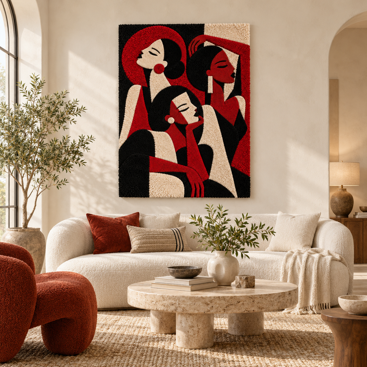 Hewn Earth Crimson Evening Trio wall art featuring three abstract crimson and dark tones framed on a wall.