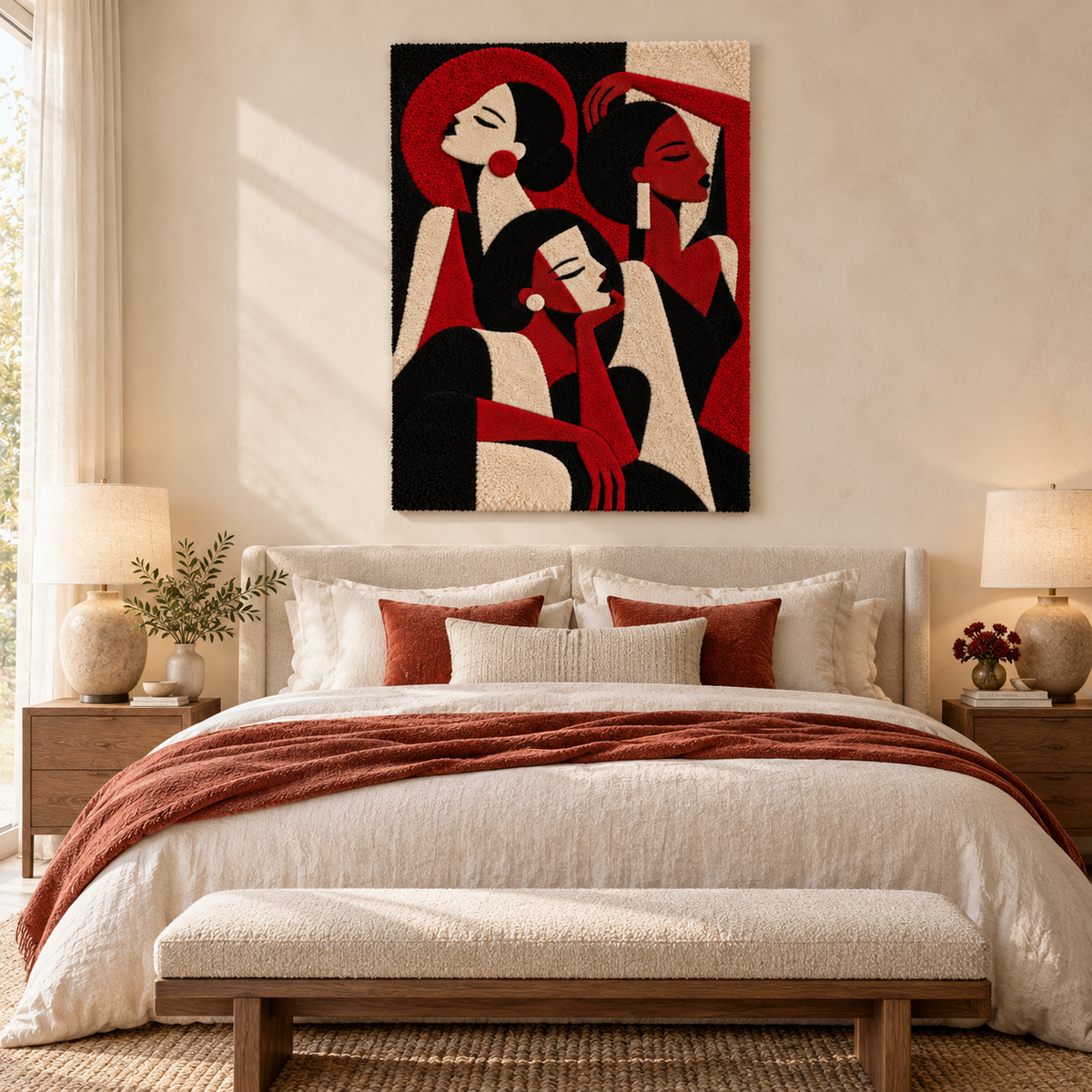Hewn Earth Crimson Evening Trio wall art displayed on a room wall, featuring three abstract crimson and dark-toned panels.