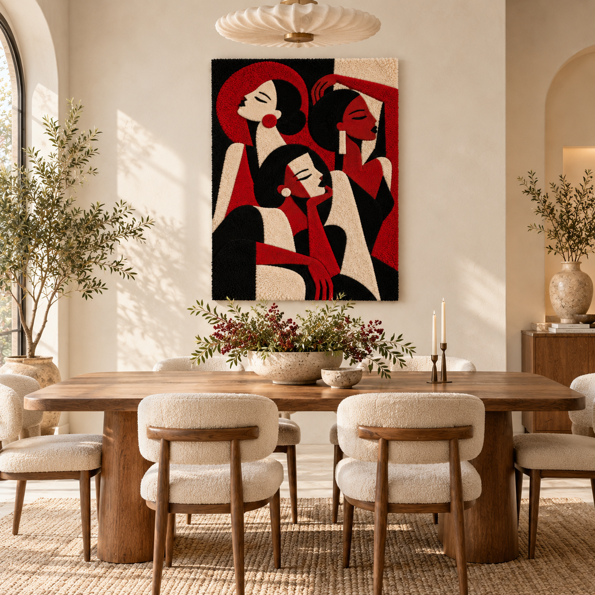 Hewn Earth Crimson Evening Trio wall art featuring three abstract crimson and dark tones on a neutral background.