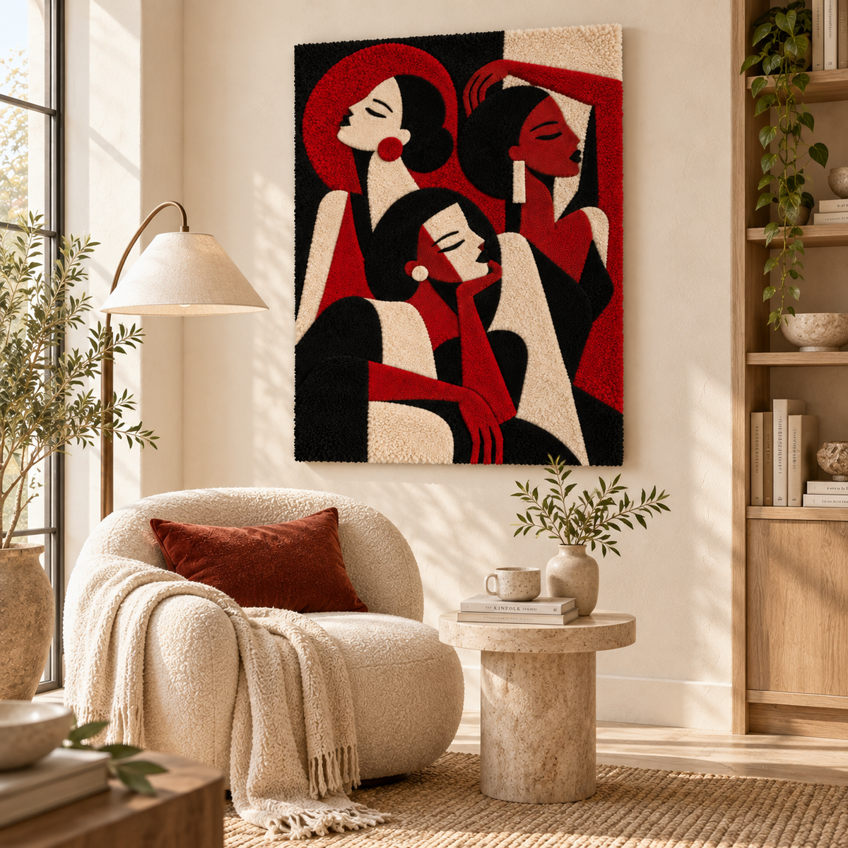Hewn Earth Crimson Evening Trio wall art featuring three abstract crimson and dark tones on a neutral background.