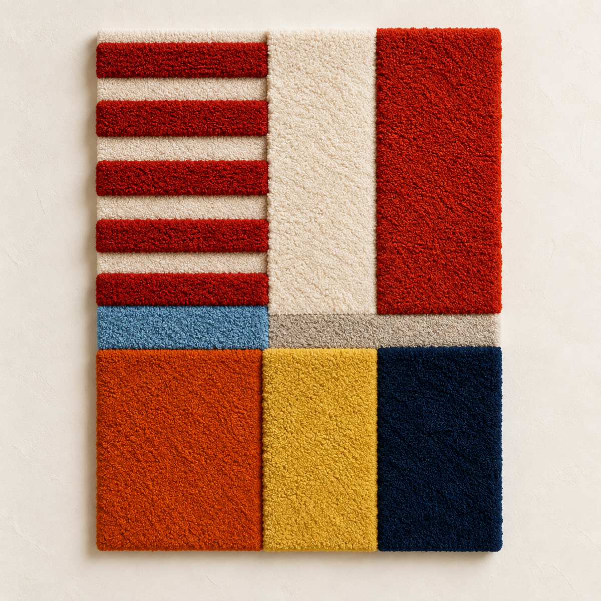 Hewn Earth wall art featuring a crimson ladder with primary-colored blocks, vibrant and modern decorative wall decor.
