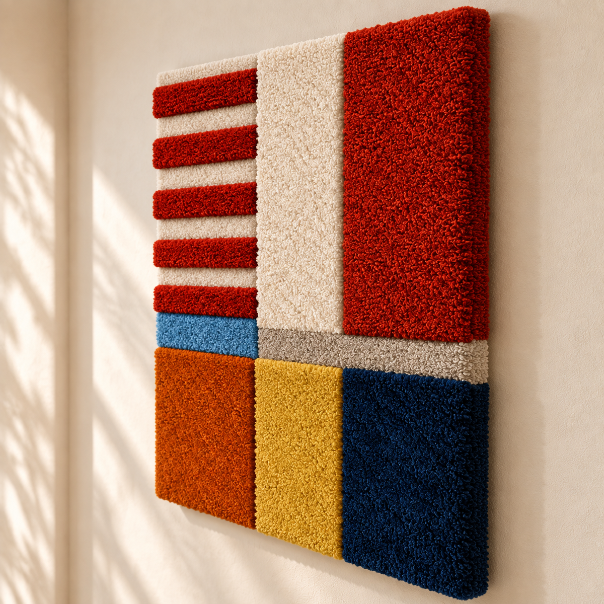 Hewn Earth Crimson Ladder wall art with primary color blocks, featuring a modern abstract design on a neutral background.