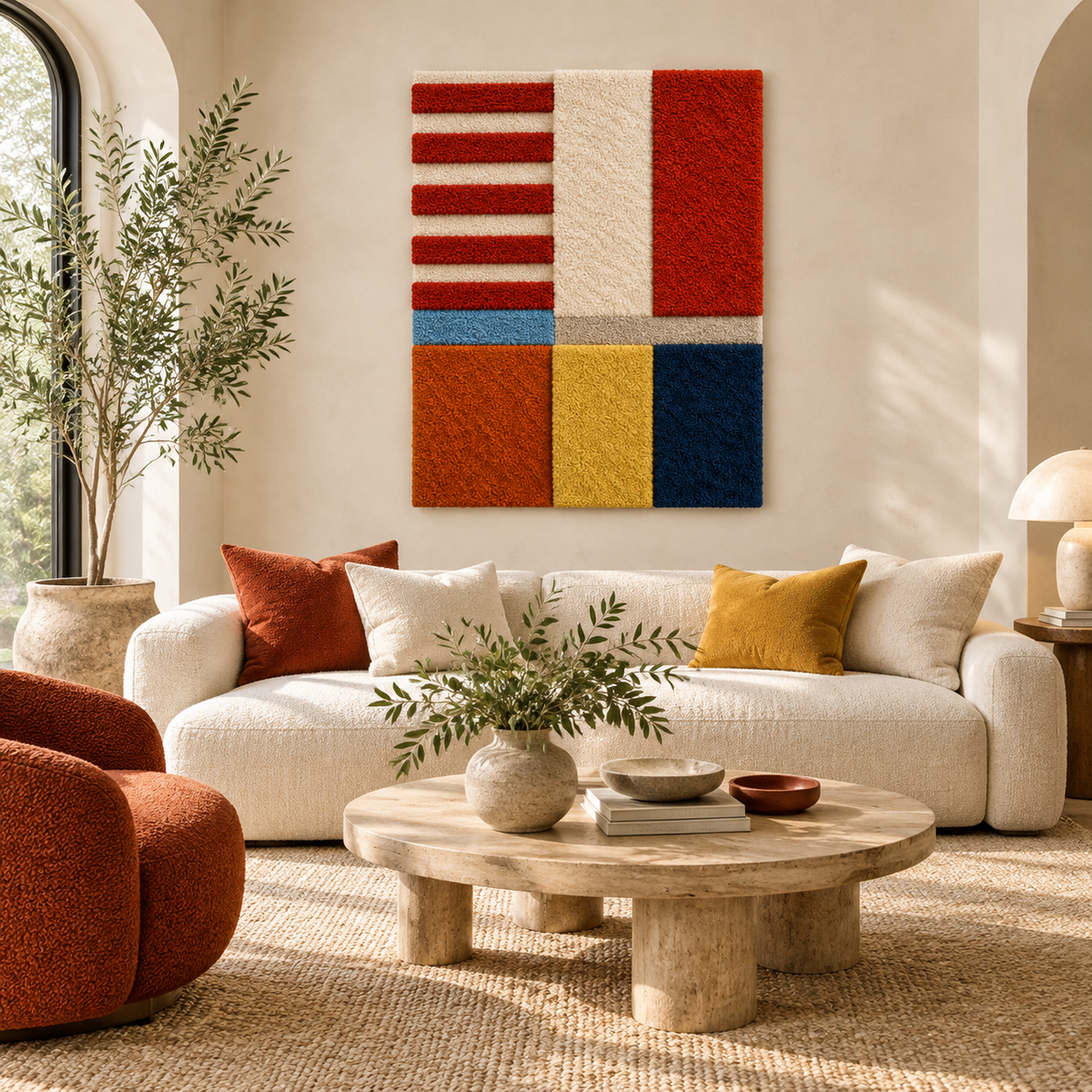 Hewn Earth Crimson Ladder wall art with primary color blocks, featuring bold red ladder and colorful geometric shapes for modern decor.