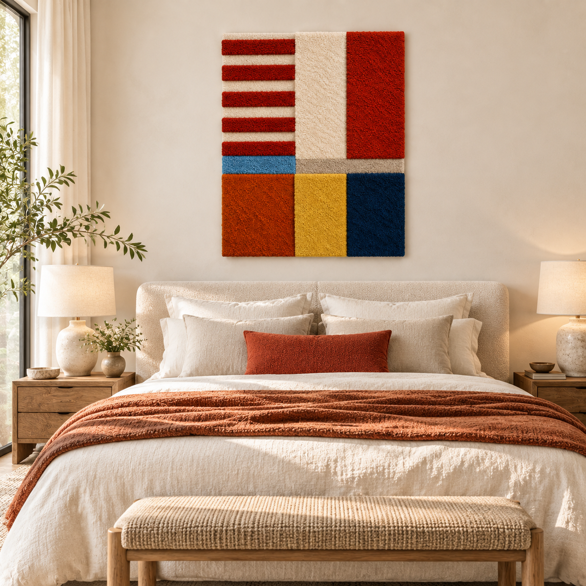 Hewn Earth crimson ladder wall art with primary colored blocks, vibrant and modern decor for a contemporary room.