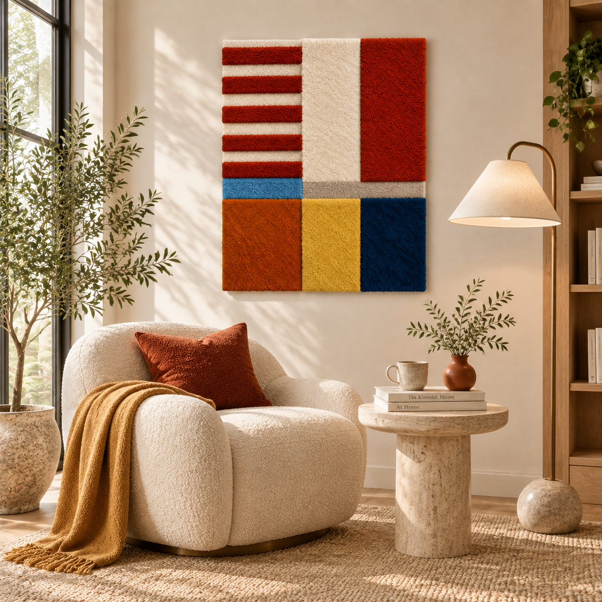 Hewn Earth wall art featuring a crimson ladder with primary colored blocks on a modern room wall.