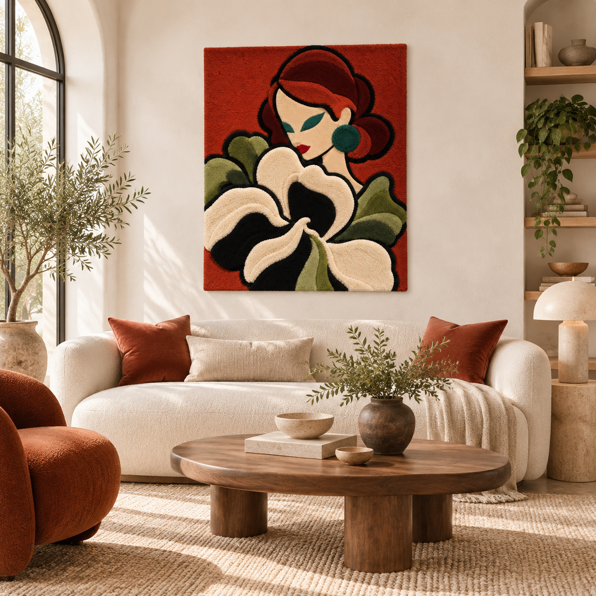 Crimson Muse among Ivory Irises wall art by Hewn Earth, featuring a vibrant red figure surrounded by elegant white irises.