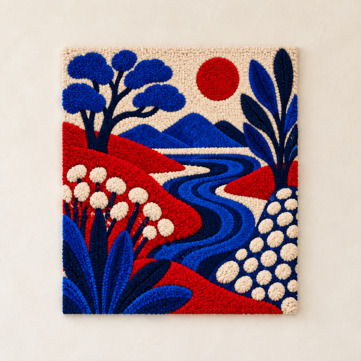 Hewn Earth wall art titled "Crimson River Through Blue Hills" featuring vibrant red river flowing through blue mountainous landscape.