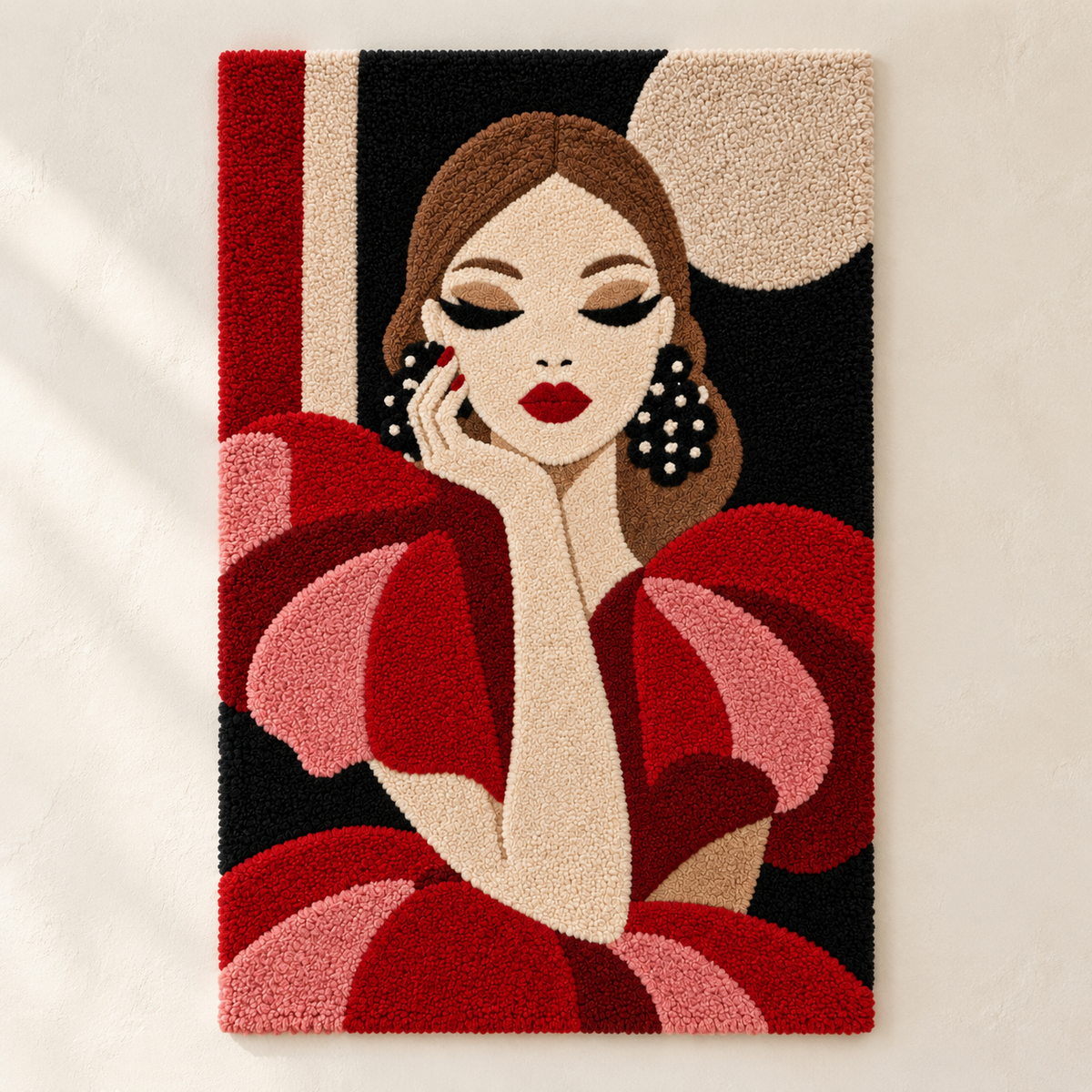 Hewn Earth wall art featuring crimson ruffles and pearl accents, decorative centerpiece with elegant, textured design.