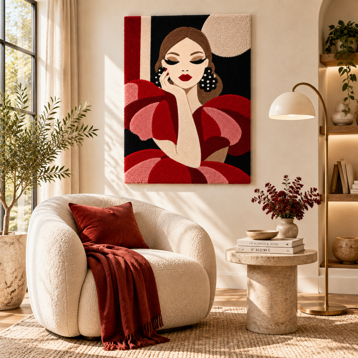 Hewn Earth Crimson Ruffles and Pearls wall art hanging on a room wall, featuring deep red fabric ruffles with pearl accents.