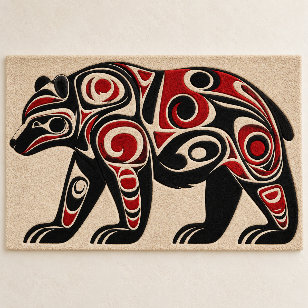Crimson Scroll Bear wall art by Hewn Earth featuring a detailed red and black bear design on a light background.