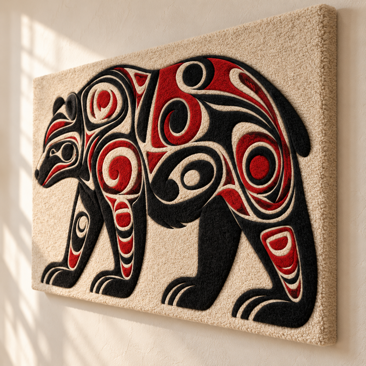 Hewn Earth Crimson Scroll Bear wall art featuring a detailed crimson bear design on textured scroll background.