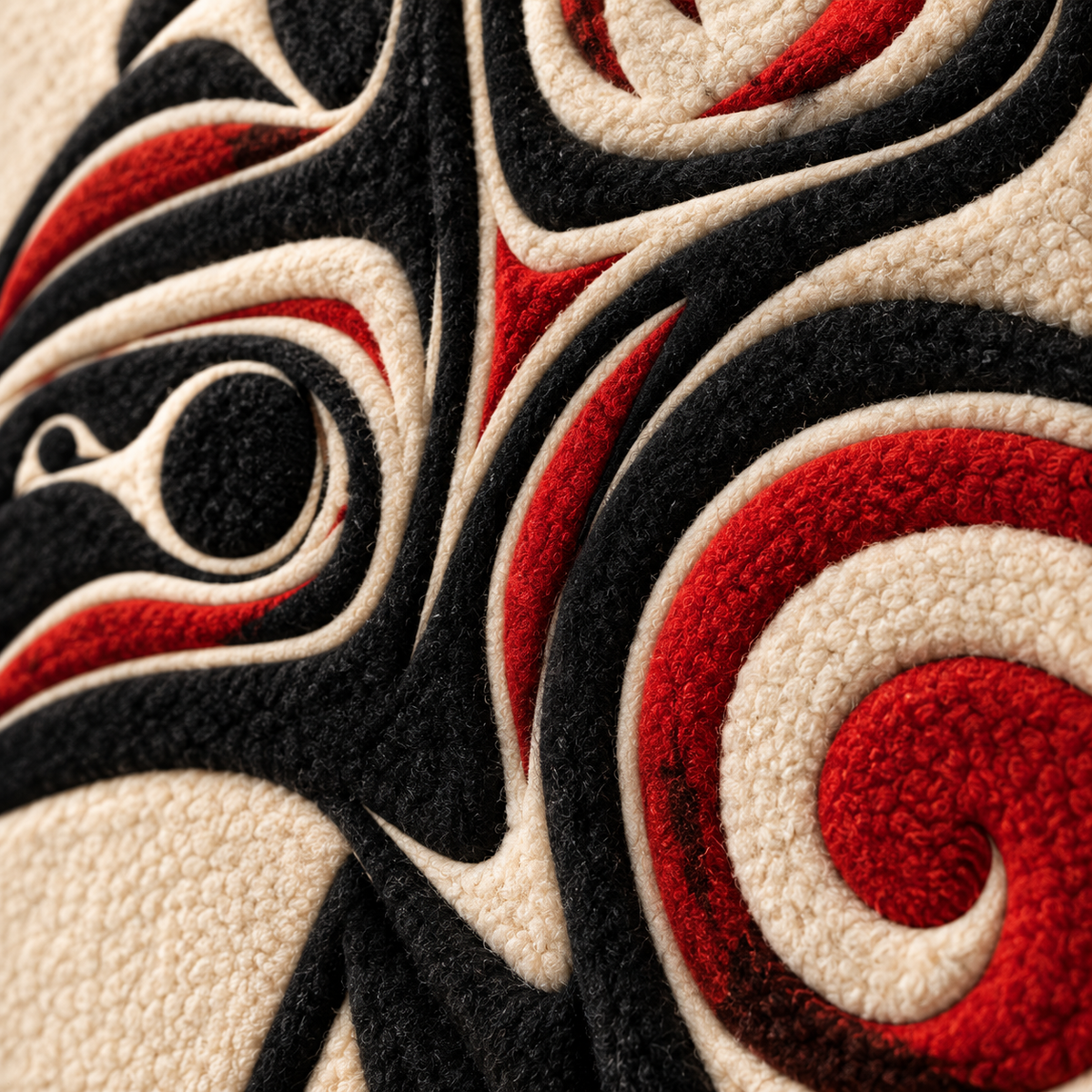 Detailed image of Hewn Earth Crimson Scroll Bear wall art featuring intricate crimson scroll designs and a bear motif.