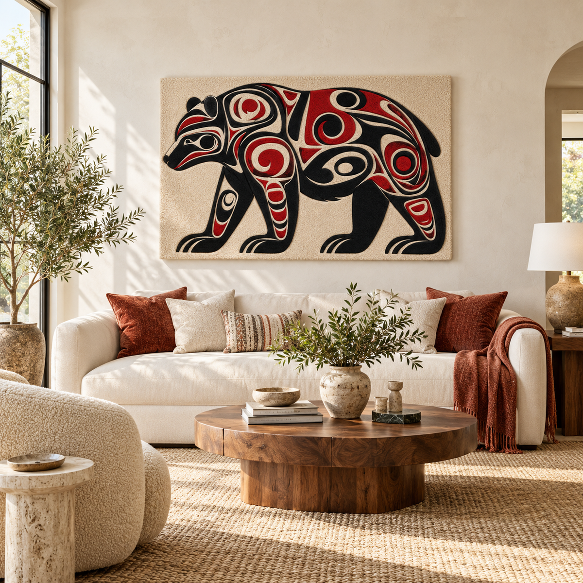 Hewn Earth Crimson Scroll Bear wall art featuring a detailed crimson bear design on a neutral background.