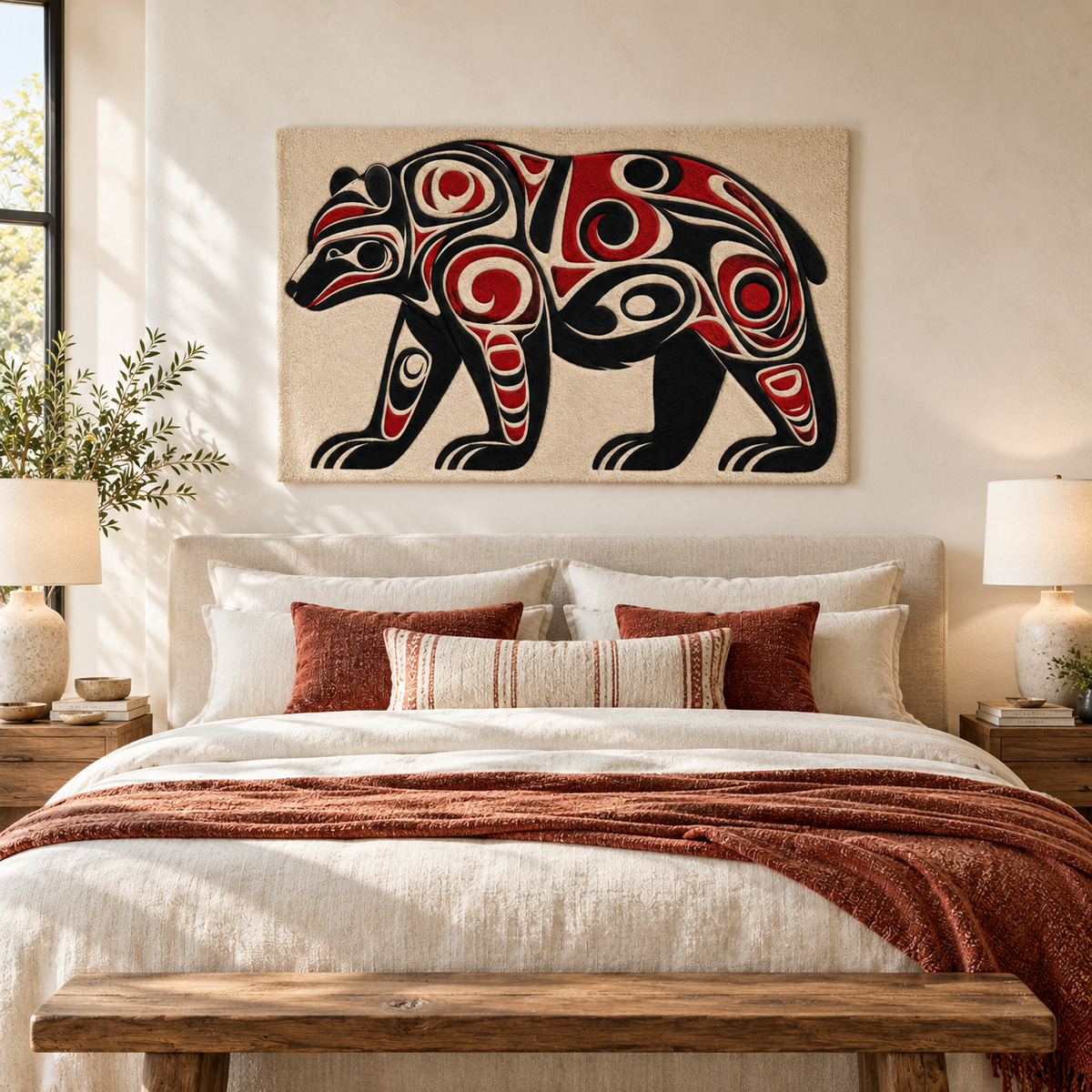 Crimson Scroll Bear Hewn Earth wall art featuring a detailed crimson scroll bear design displayed on a wall.