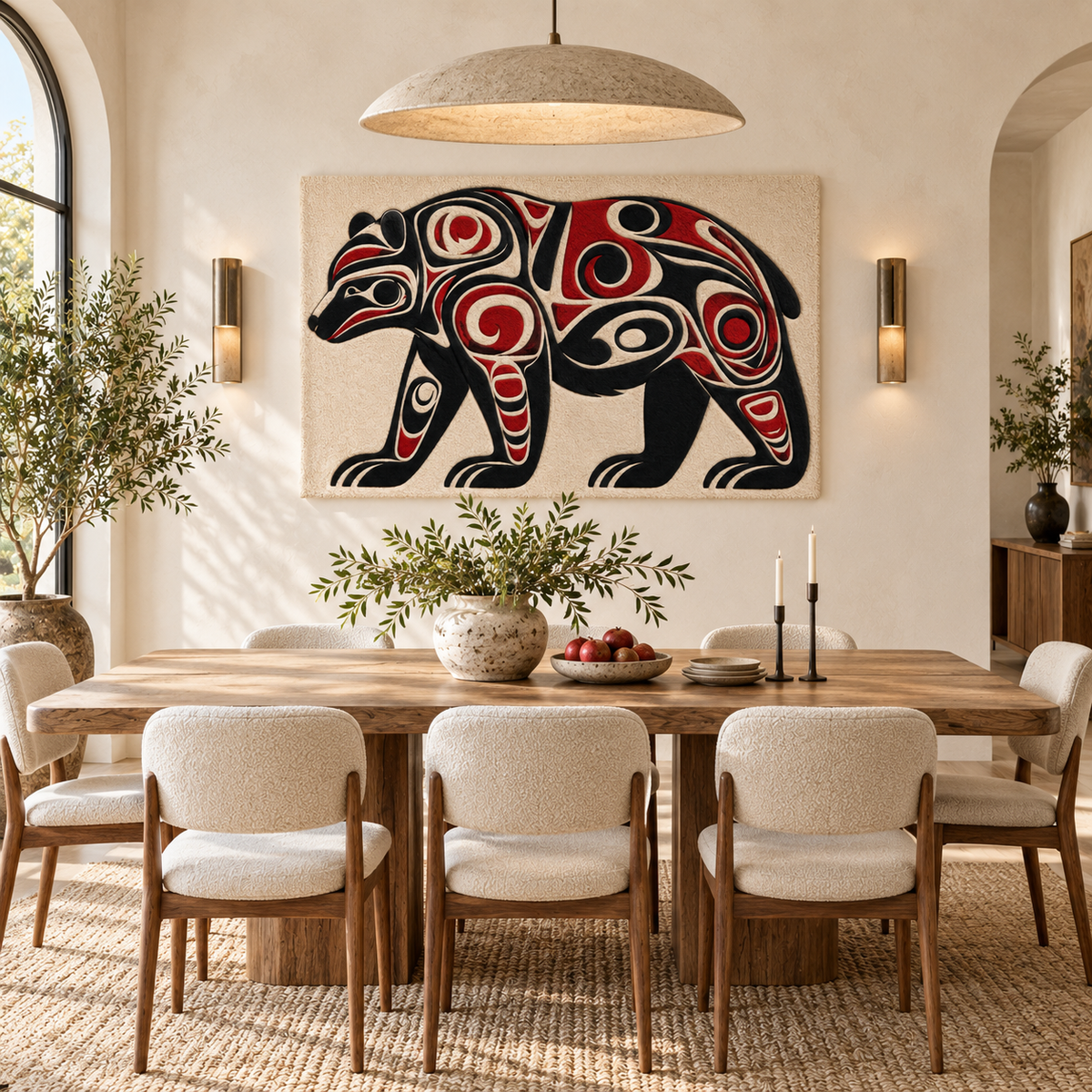 Hewn Earth Crimson Scroll Bear wall art featuring a detailed crimson bear design on a neutral background.