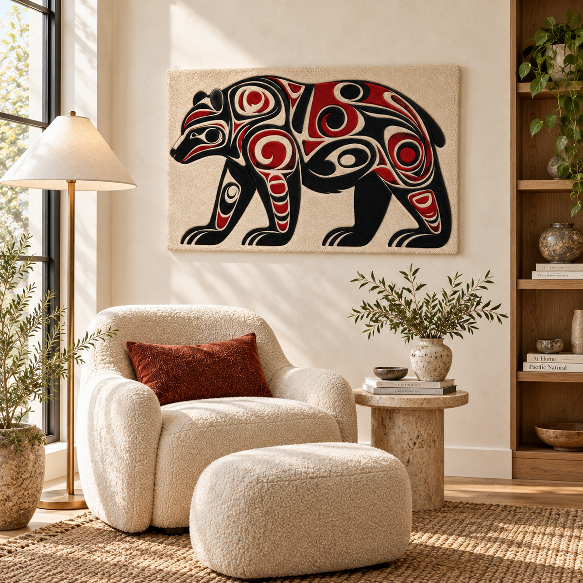 Hewn Earth Crimson Scroll Bear wall art featuring a detailed red and black bear design on a neutral background.